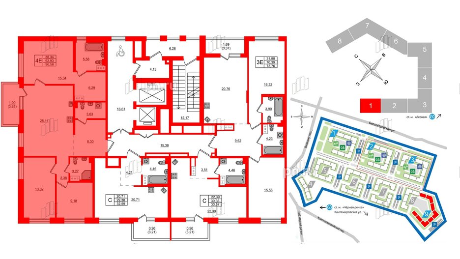 Квартира в ЖК «Черная Речка», 3 комнатная, 96.56 м², 10 этаж