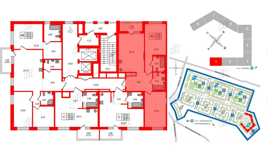 Квартира в ЖК «Черная Речка», 2 комнатная, 73.76 м², 2 этаж