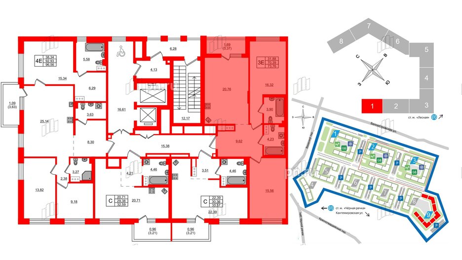 Квартира в ЖК «Черная Речка», 2 комнатная, 73.76 м², 9 этаж