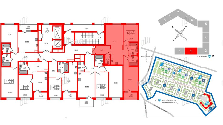 Квартира в ЖК «Черная Речка», 2 комнатная, 73.73 м², 2 этаж