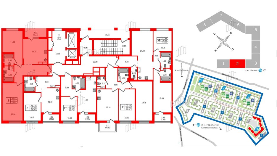 Квартира в ЖК «Черная Речка», 2 комнатная, 75.05 м², 4 этаж