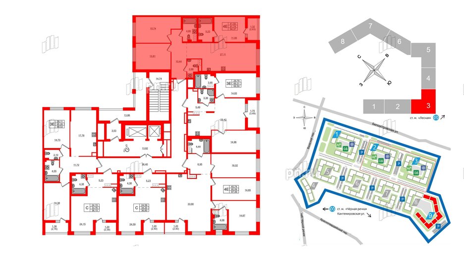 Квартира в ЖК «Черная Речка», 3 комнатная, 94.37 м², 2 этаж