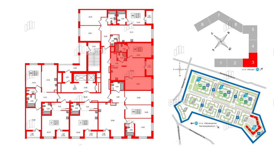 Квартира в ЖК «Черная Речка», 2 комнатная, 69.5 м², 2 этаж