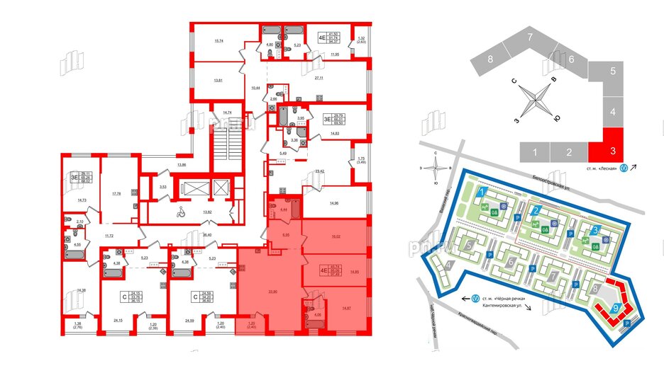 Квартира в ЖК «Черная Речка», 3 комнатная, 97.49 м², 2 этаж