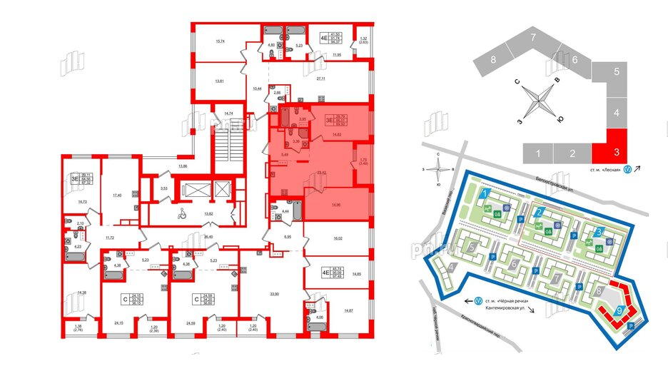 Квартира в ЖК «Черная Речка», 2 комнатная, 69.5 м², 3 этаж