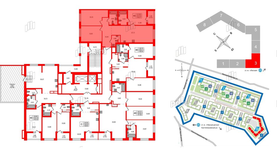 Квартира в ЖК «Черная Речка», 3 комнатная, 94.71 м², 13 этаж