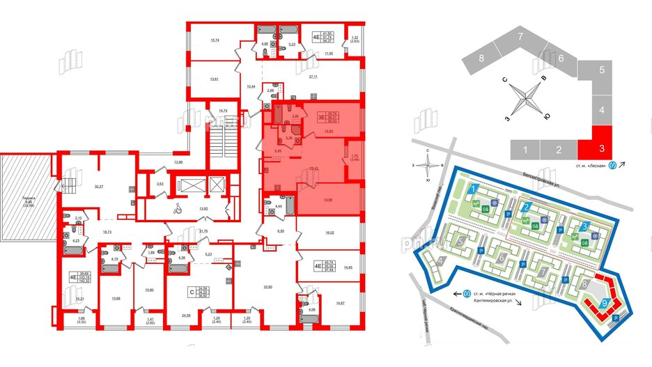 Квартира в ЖК «Черная Речка», 2 комнатная, 69.5 м², 13 этаж