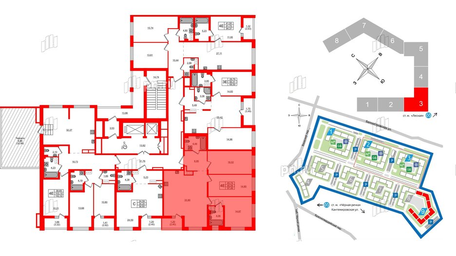 Квартира в ЖК «Черная Речка», 3 комнатная, 97.49 м², 13 этаж