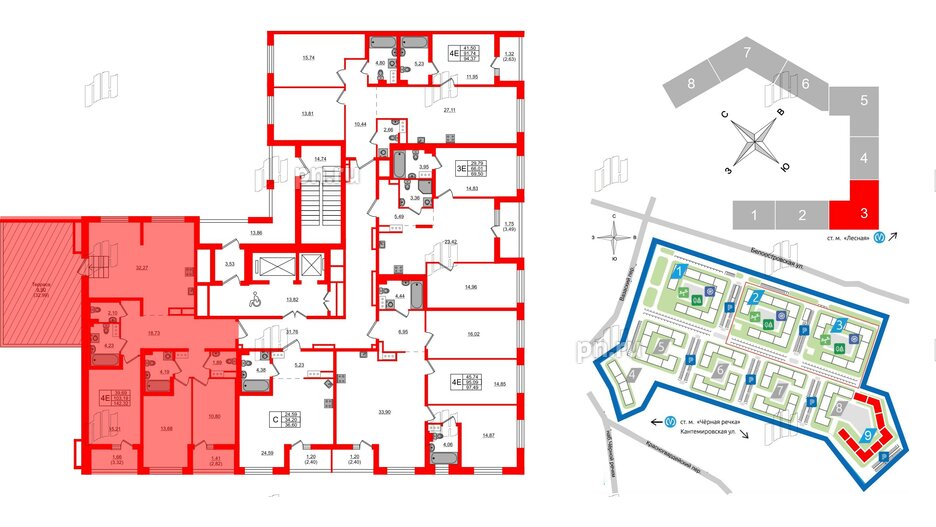 Квартира в ЖК «Черная Речка», 3 комнатная, 142.32 м², 13 этаж