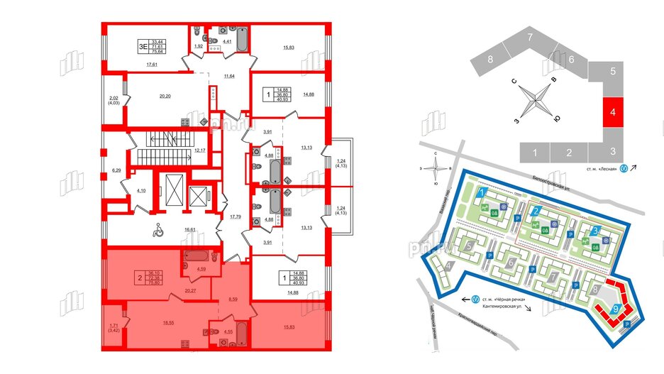 Квартира в ЖК «Черная Речка», 2 комнатная, 75.8 м², 2 этаж