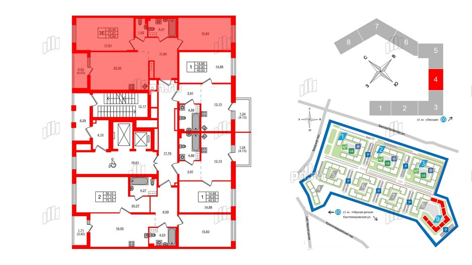 Квартира в ЖК «Черная Речка», 2 комнатная, 75.64 м², 12 этаж