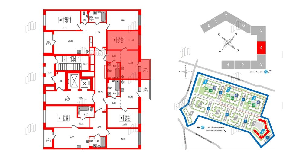 Квартира в ЖК «Черная Речка», 1 комнатная, 40.93 м², 11 этаж