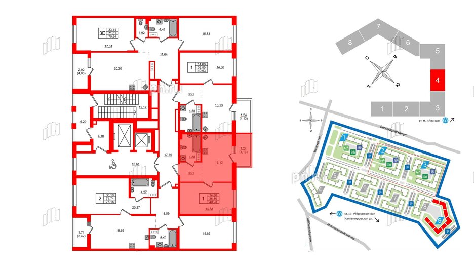 Квартира в ЖК «Черная Речка», 1 комнатная, 40.93 м², 13 этаж