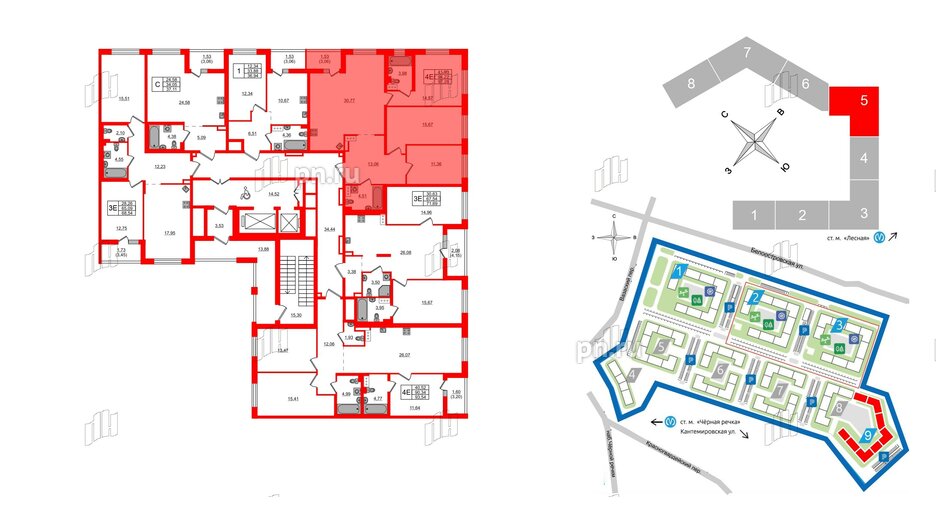 Квартира в ЖК «Черная Речка», 3 комнатная, 97.28 м², 2 этаж