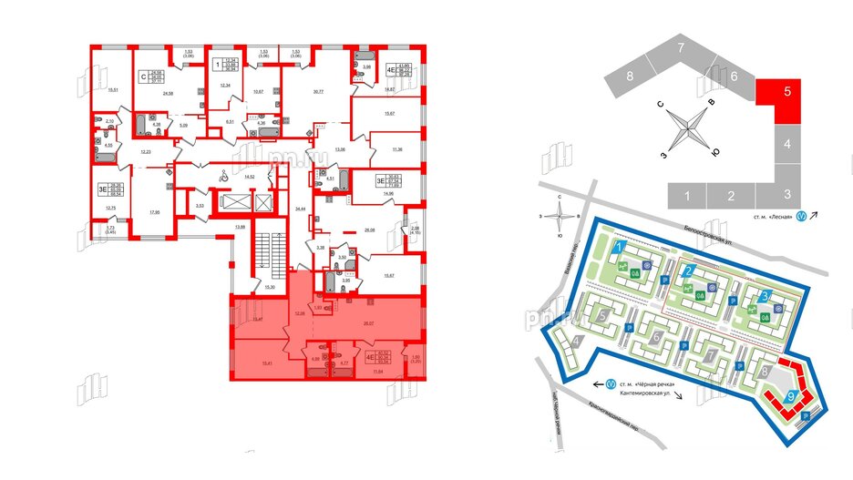 Квартира в ЖК «Черная Речка», 3 комнатная, 93.54 м², 2 этаж