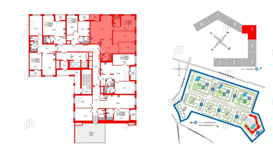 Квартира в ЖК «Черная Речка», 3 комнатная, 97.4 м², 14 этаж