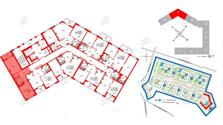 Квартира в ЖК «Черная Речка», 1 комнатная, 51.08 м², 2 этаж