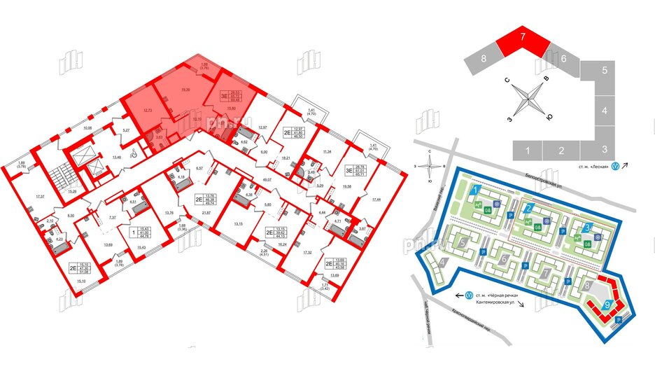 Квартира в ЖК «Черная Речка», 2 комнатная, 69.48 м², 14 этаж