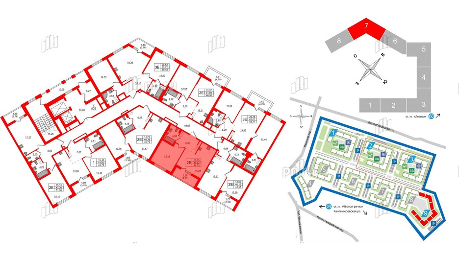 Квартира в ЖК «Черная Речка», 1 комнатная, 44.13 м², 13 этаж