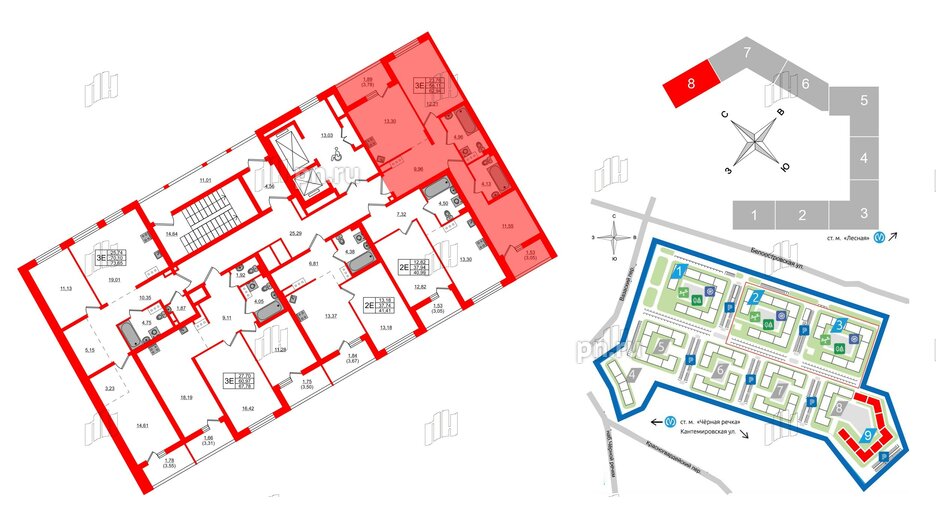 Квартира в ЖК «Черная Речка», 2 комнатная, 62.94 м², 13 этаж