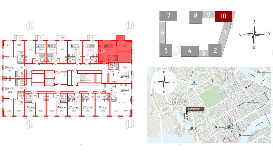 Квартира в ЖК Шкиперский, 19, 2 комнатная, 53.7 м², 2 этаж