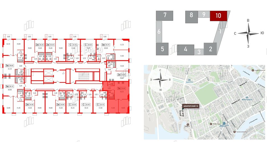 Квартира в ЖК Шкиперский, 19, 2 комнатная, 53.8 м², 9 этаж