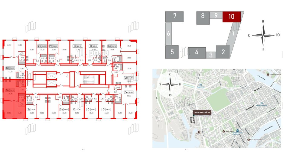 Квартира в ЖК Шкиперский, 19, 2 комнатная, 59.1 м², 10 этаж