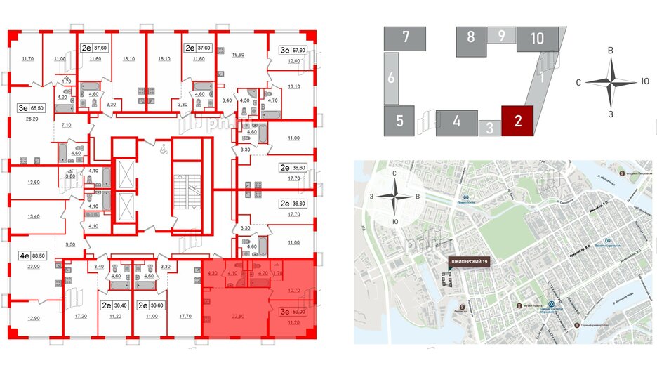 Квартира в ЖК Шкиперский, 19, 2 комнатная, 59 м², 10 этаж