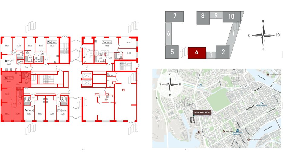 Квартира в ЖК Шкиперский, 19, 3 комнатная, 75.9 м², 1 этаж