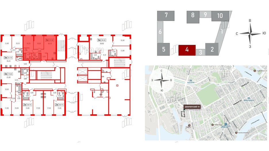 Квартира в ЖК Шкиперский, 19, 2 комнатная, 57.8 м², 1 этаж