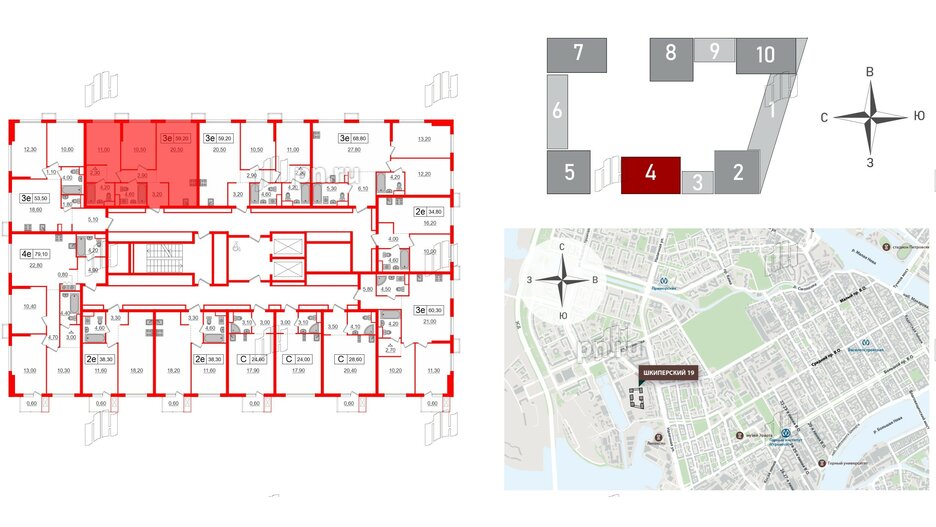 Квартира в ЖК Шкиперский, 19, 2 комнатная, 59.2 м², 4 этаж