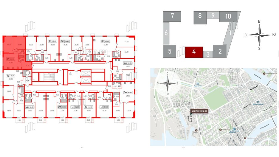 Квартира в ЖК Шкиперский, 19, 2 комнатная, 53.5 м², 6 этаж