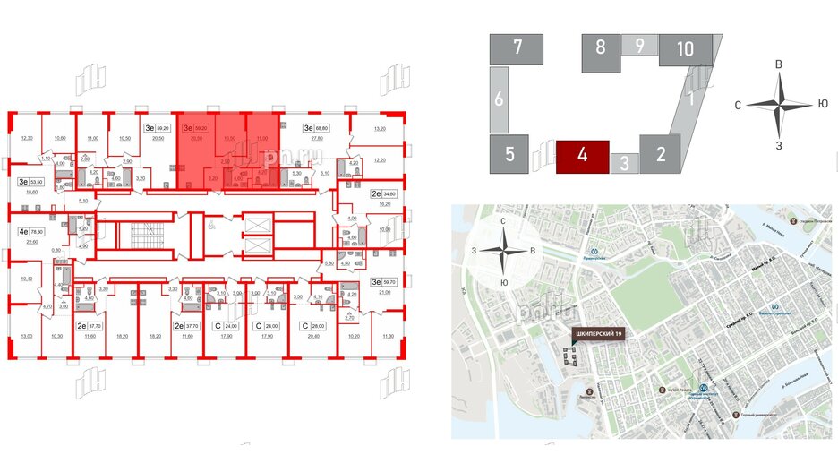 Квартира в ЖК Шкиперский, 19, 2 комнатная, 59.2 м², 10 этаж