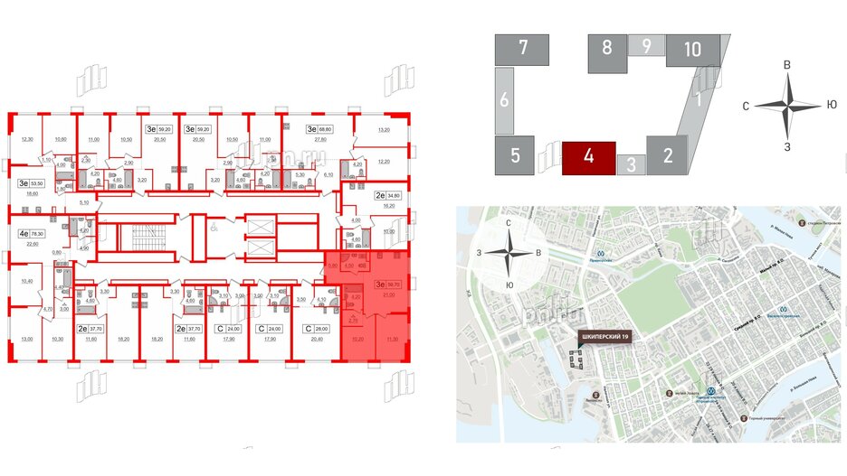 Квартира в ЖК Шкиперский, 19, 2 комнатная, 59.7 м², 12 этаж