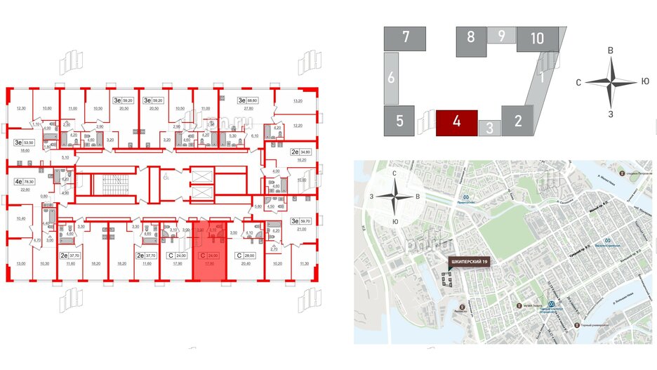 Квартира в ЖК Шкиперский, 19, студия, 24 м², 10 этаж