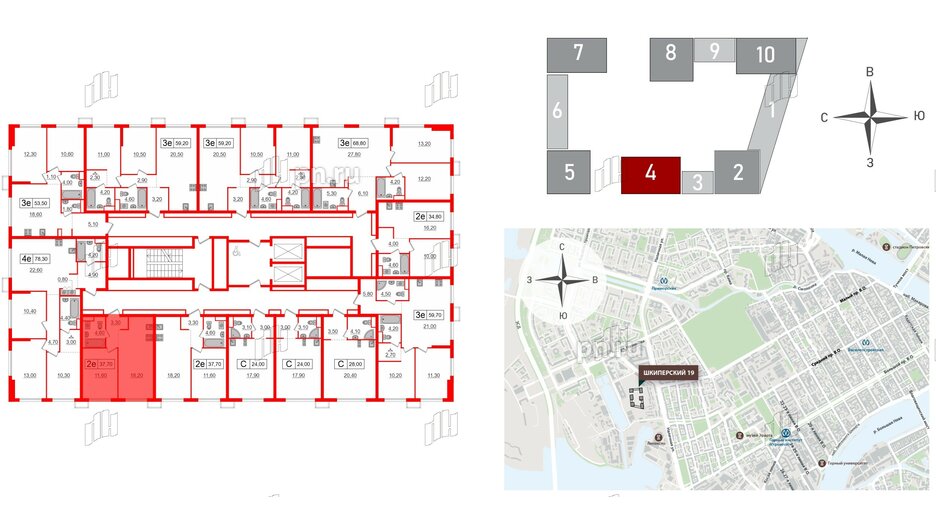 Квартира в ЖК Шкиперский, 19, 1 комнатная, 37.7 м², 10 этаж