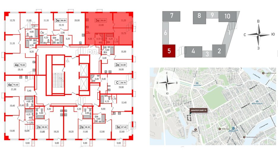 Квартира в ЖК Шкиперский, 19, 2 комнатная, 59 м², 2 этаж