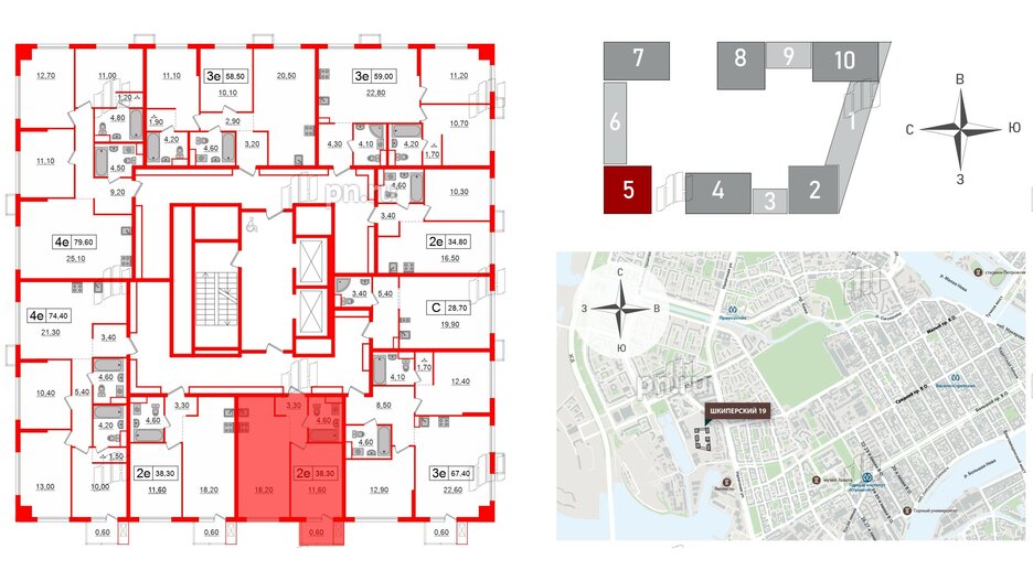 Квартира в ЖК Шкиперский, 19, 1 комнатная, 38.3 м², 2 этаж