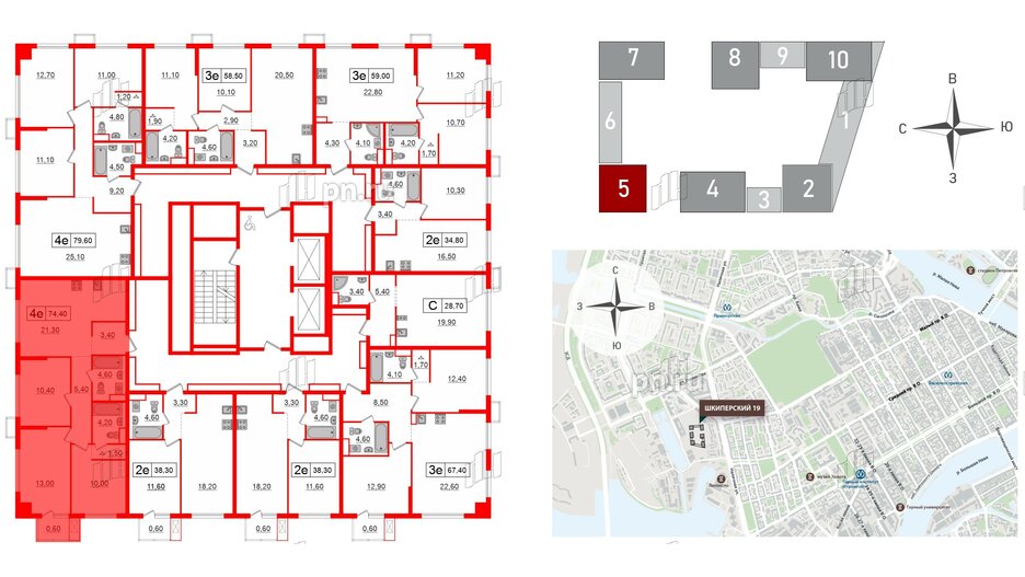 Квартира в ЖК Шкиперский, 19, 3 комнатная, 74.4 м², 4 этаж