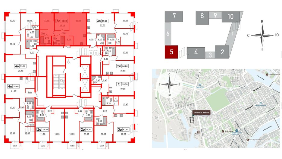 Квартира в ЖК Шкиперский, 19, 2 комнатная, 58.5 м², 9 этаж