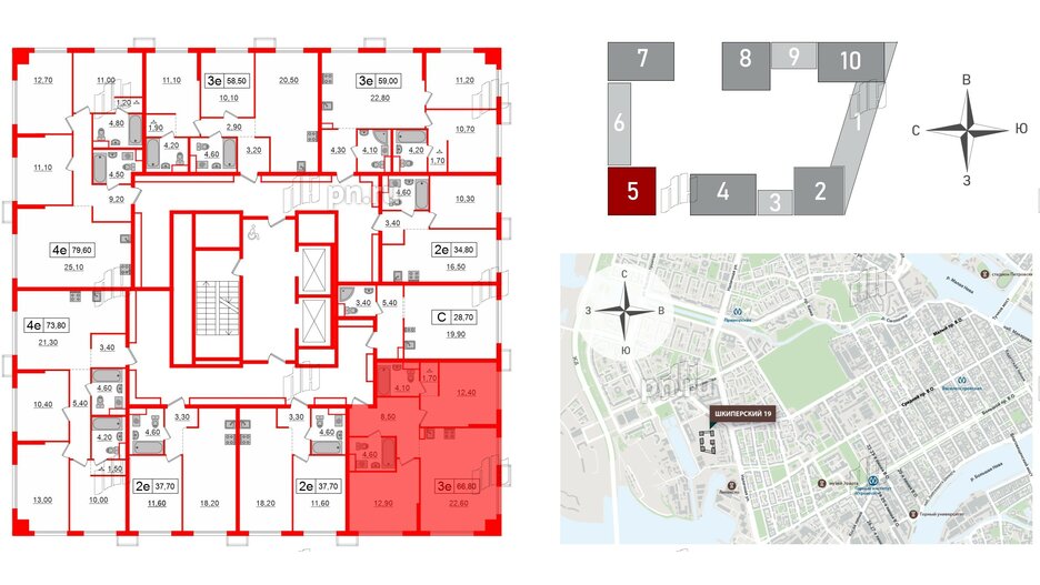 Квартира в ЖК Шкиперский, 19, 2 комнатная, 66.8 м², 11 этаж