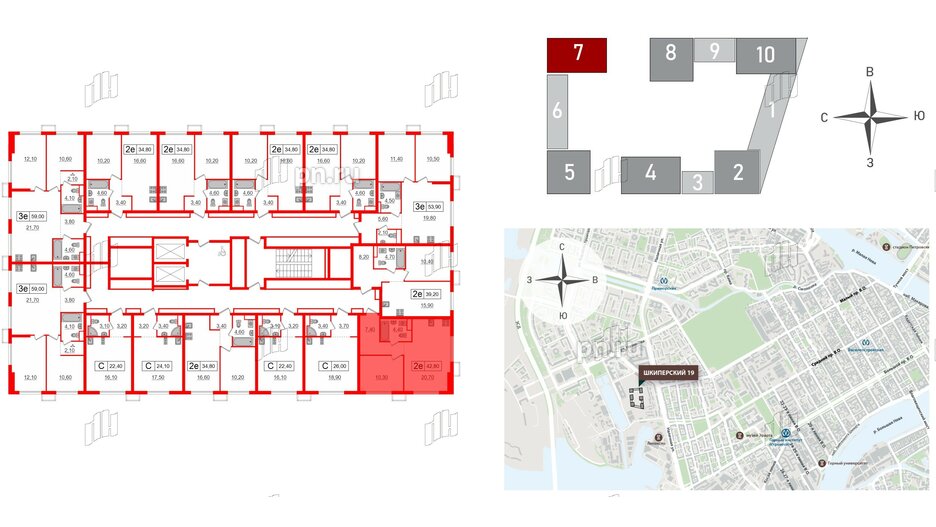 Квартира в ЖК Шкиперский, 19, 1 комнатная, 42.8 м², 10 этаж