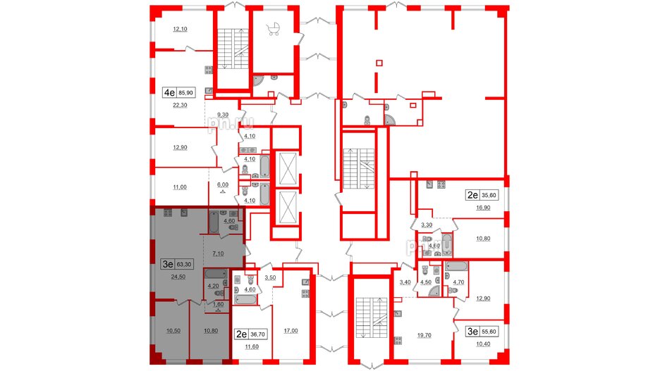 Квартира в ЖК Шкиперский, 19, 2 комнатная, 63.3 м², 1 этаж