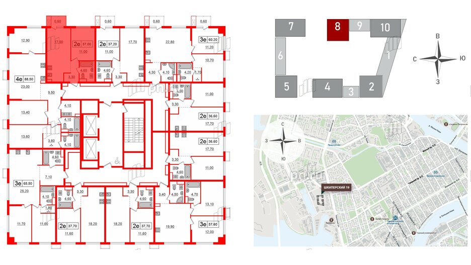 Квартира в ЖК Шкиперский, 19, 1 комнатная, 37 м², 2 этаж