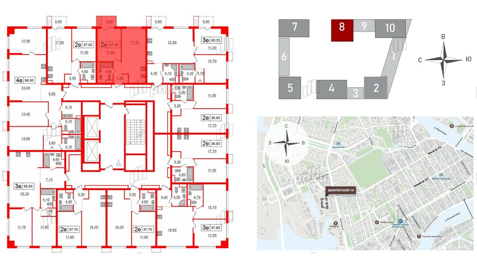 Квартира в ЖК Шкиперский, 19, 1 комнатная, 37.2 м², 2 этаж