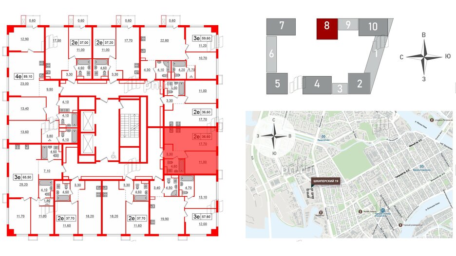 Квартира в ЖК Шкиперский, 19, 1 комнатная, 36.6 м², 8 этаж