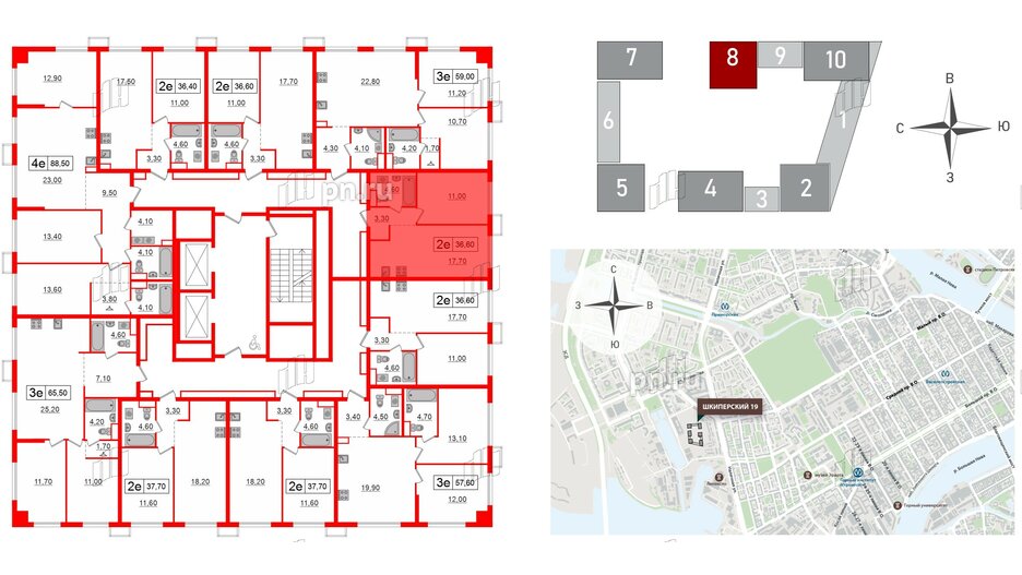 Квартира в ЖК Шкиперский, 19, 1 комнатная, 36.6 м², 10 этаж