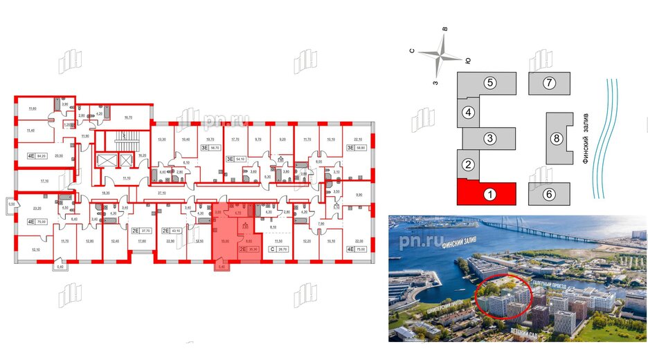Квартира в ЖК Шкиперский, 19, 1 комнатная, 35.3 м², 2 этаж