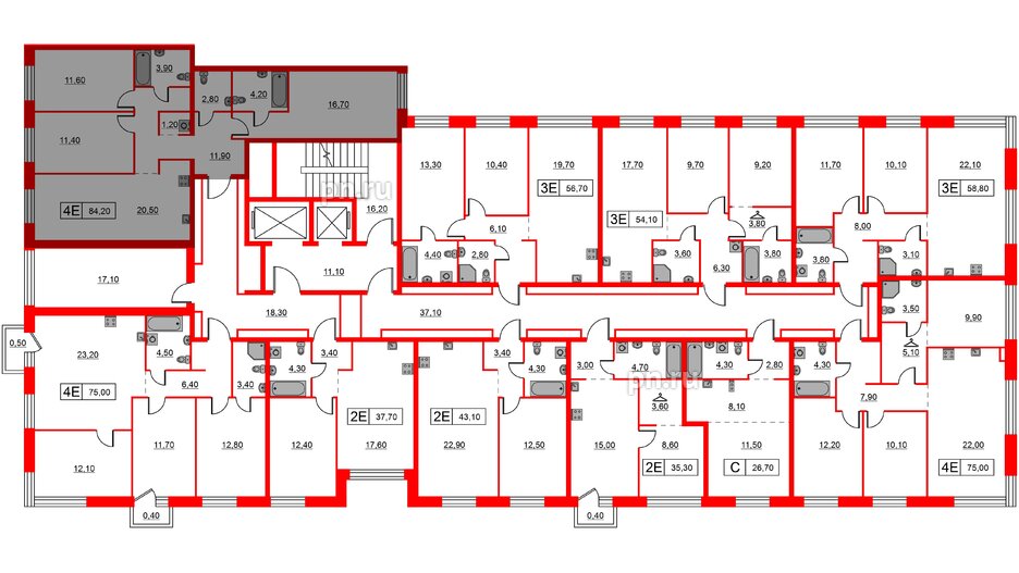 Квартира в ЖК Шкиперский, 19, 3 комнатная, 84.2 м², 6 этаж