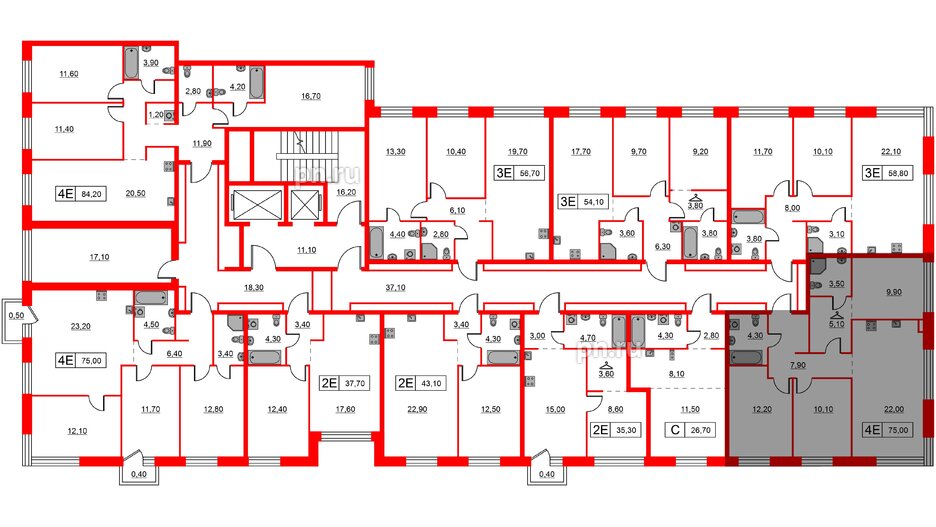 Квартира в ЖК Шкиперский, 19, 3 комнатная, 75 м², 8 этаж